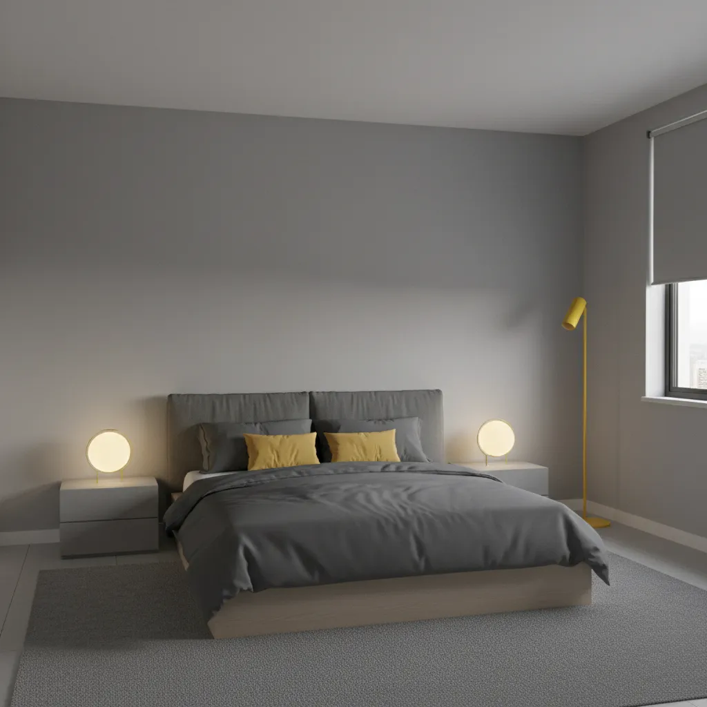 Grey and yellow bedroom that appears flat with poor color balance