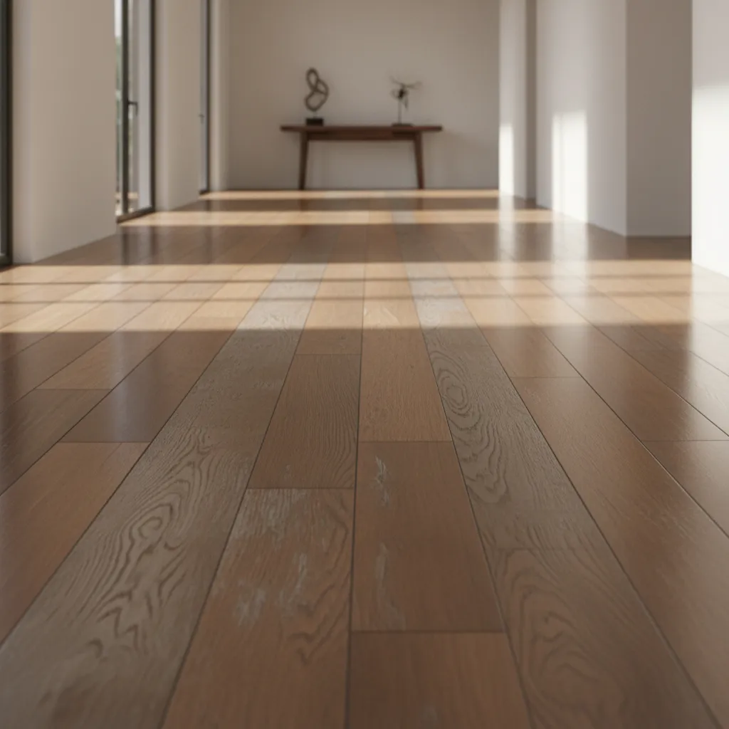 visible wear path on polyurethane hardwood floor showing need for recoating