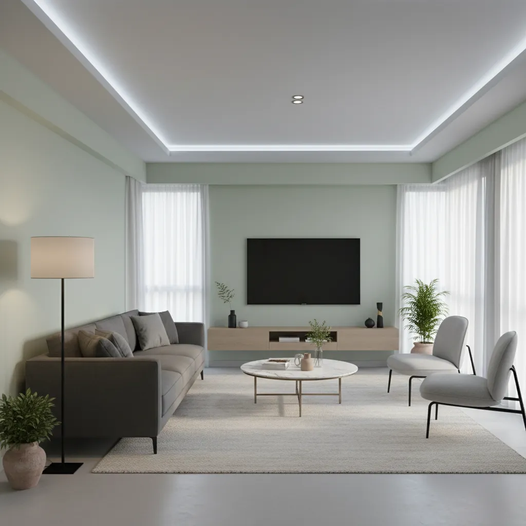 sage green living room appearing dull due to cool lighting and gray furniture