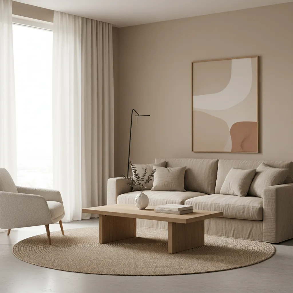 Living room painted in Dulux Egyptian Cotton with warm neutral furniture