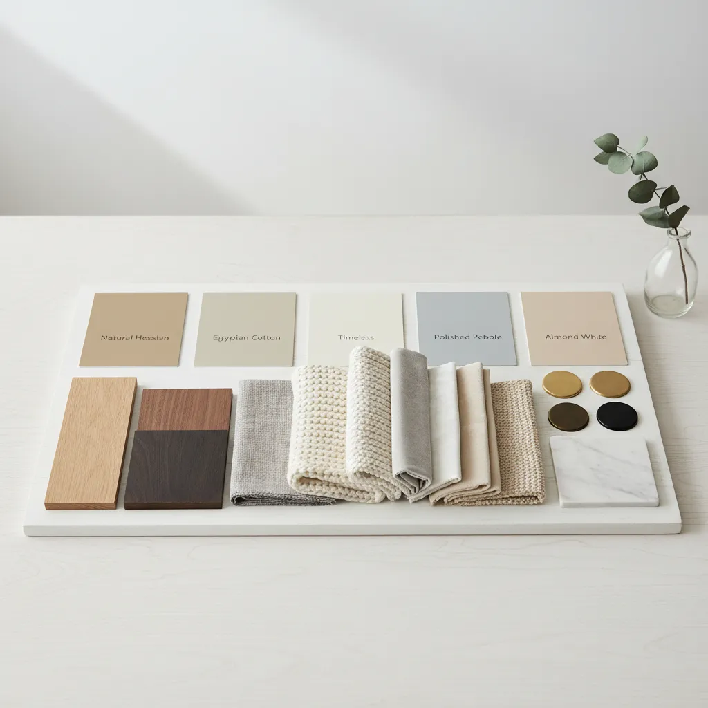 Palette of five neutral Dulux paint colours used in living rooms
