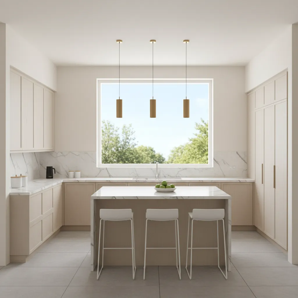 Bright modern kitchen with soft white Dulux wall colour and natural wood cabinets