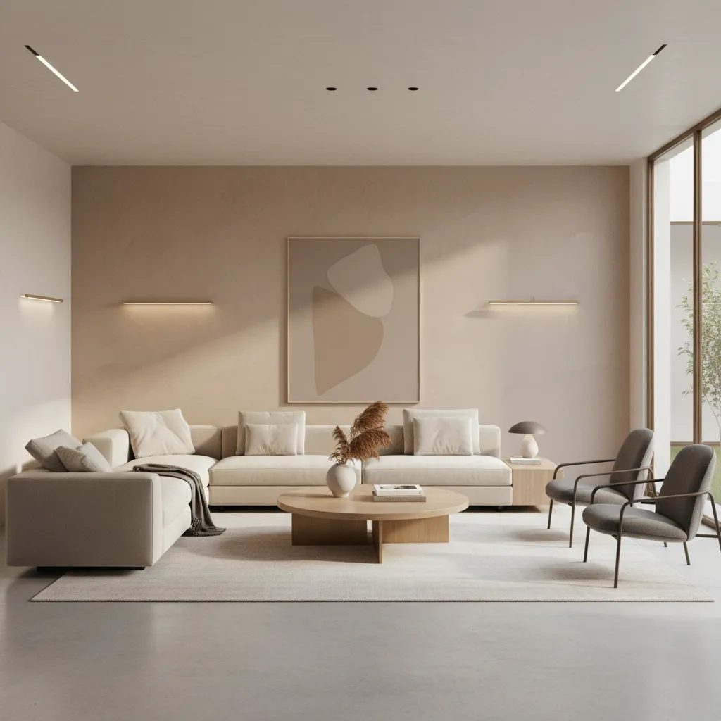 Beige living room featuring cream sectional sofa wooden coffee table grey chairs and wall lights