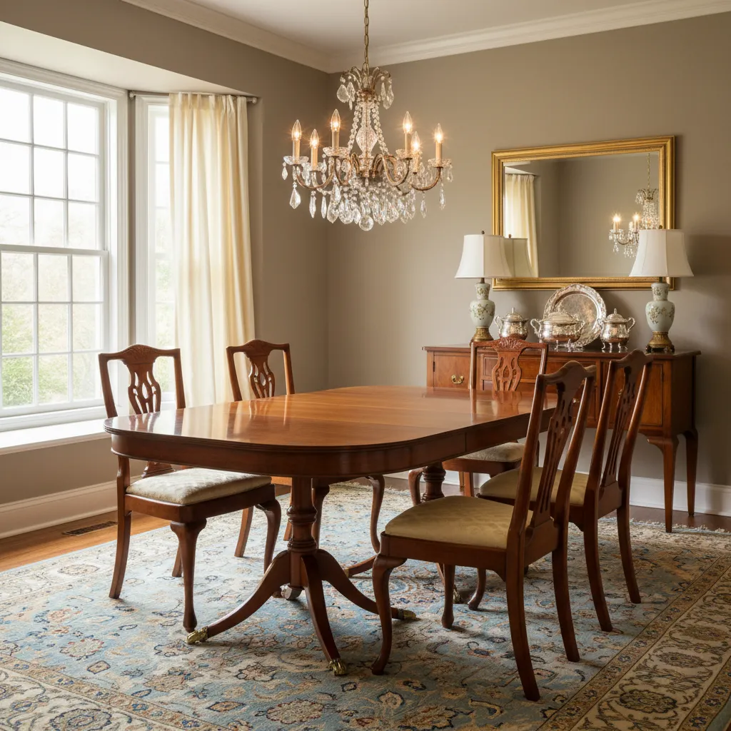 Traditional dining room with Duncan Phyfe table and contrasting wall color example
