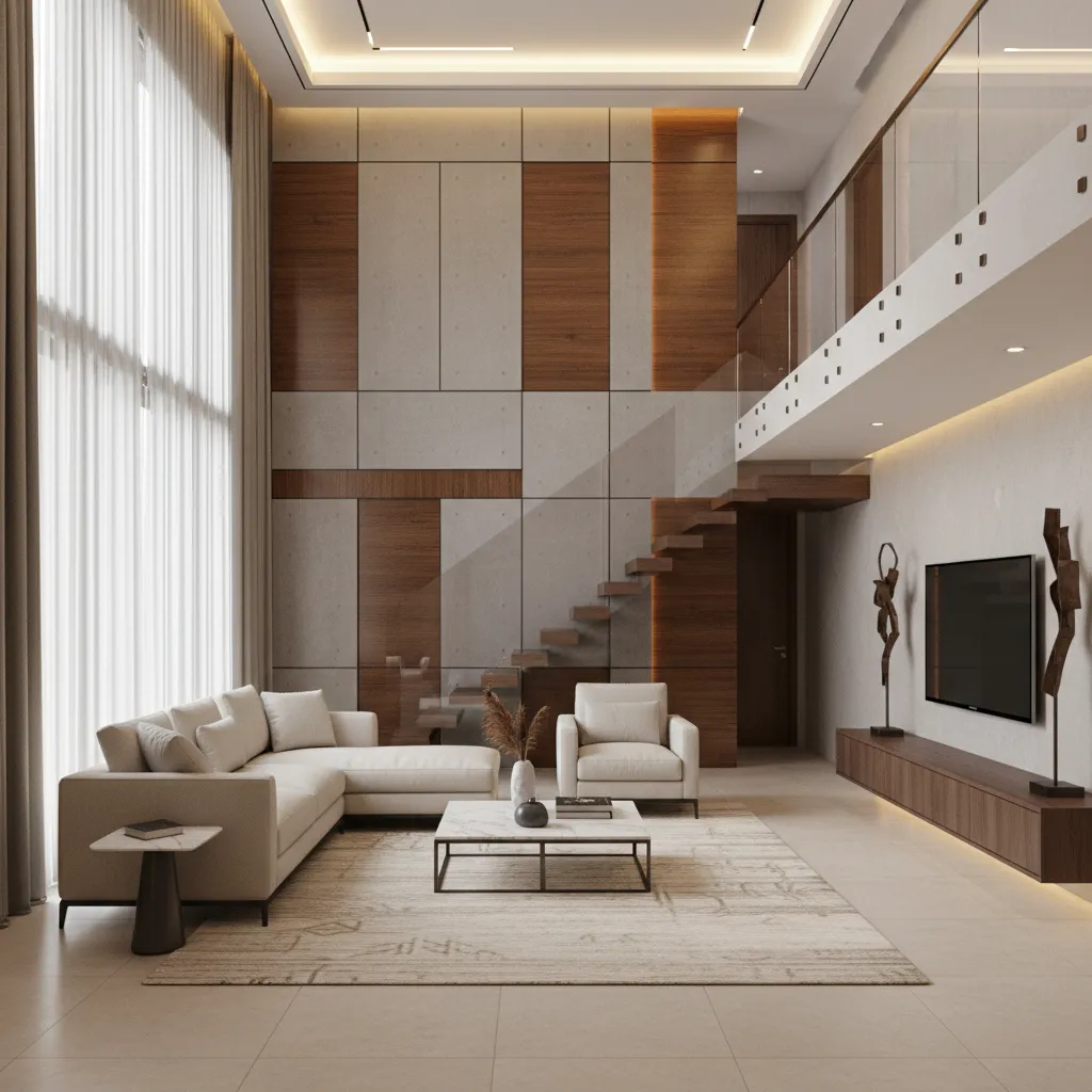 Modern duplex apartment living room with double height feature wall