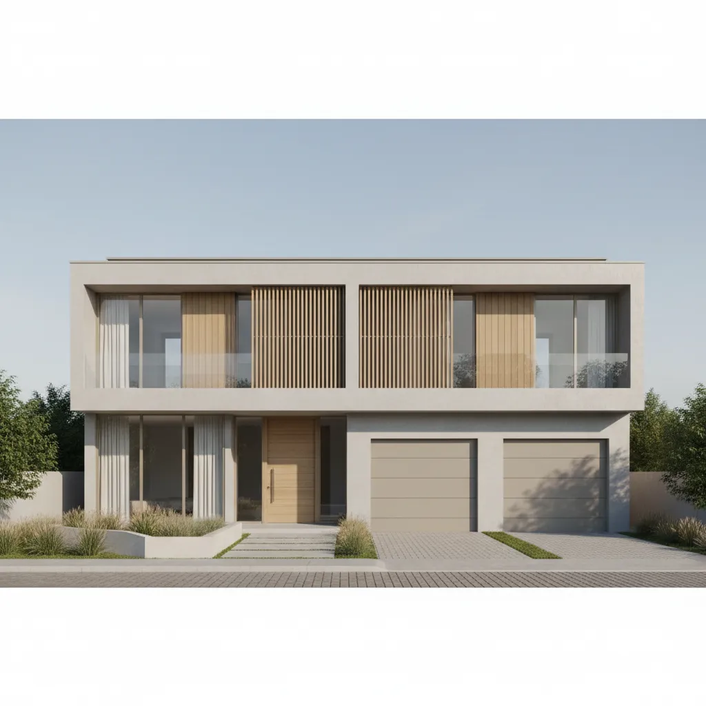 Modern two floor white house with wooden slats large windows two garage doors and driveway
