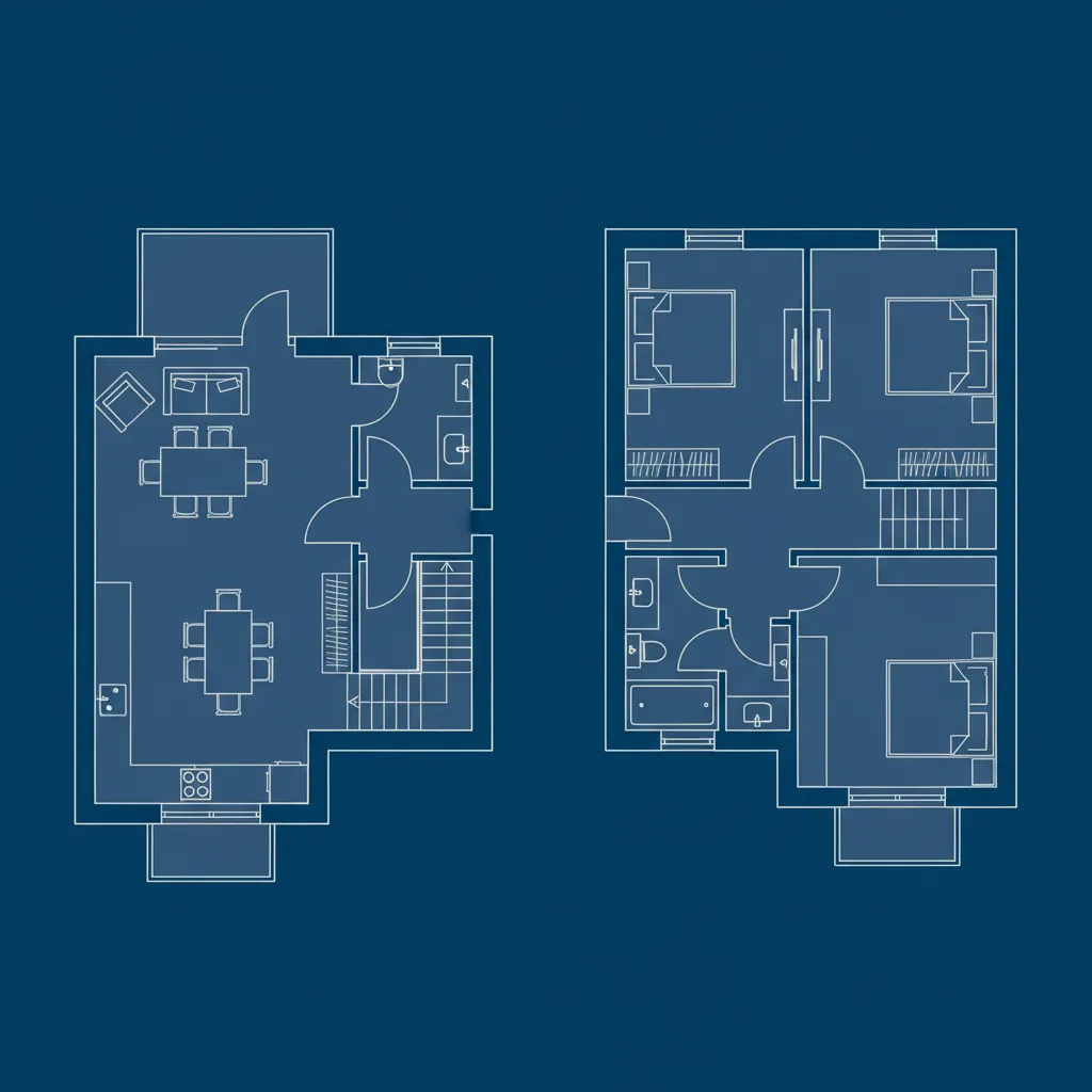 Plano arquitectónico de casa dúplex de 120 m² con dos plantas