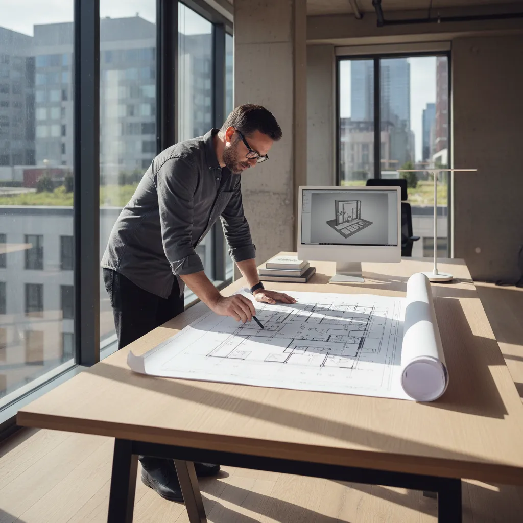 Interior designer reviewing a large floor plan layout on a desk near a computer monitor
