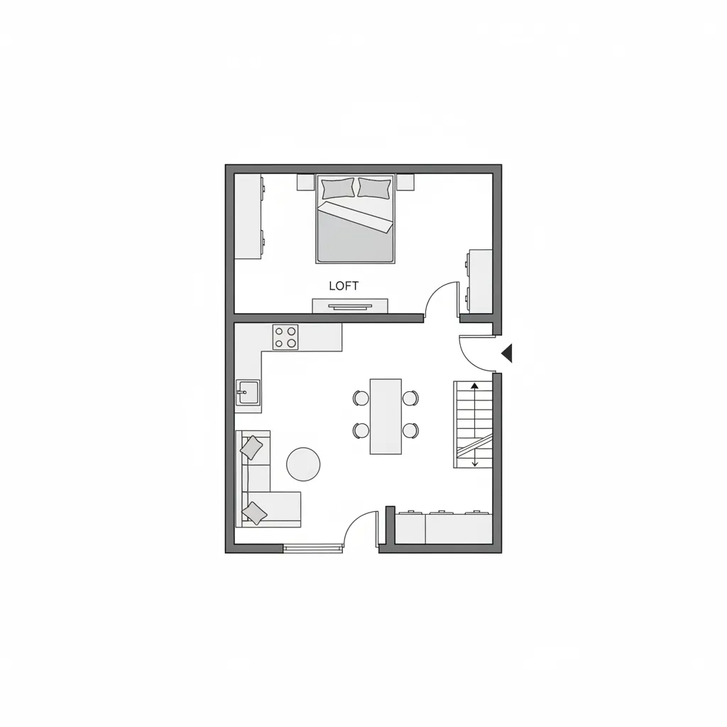 simple 1 BHK duplex house floor plan layout showing ground and loft level