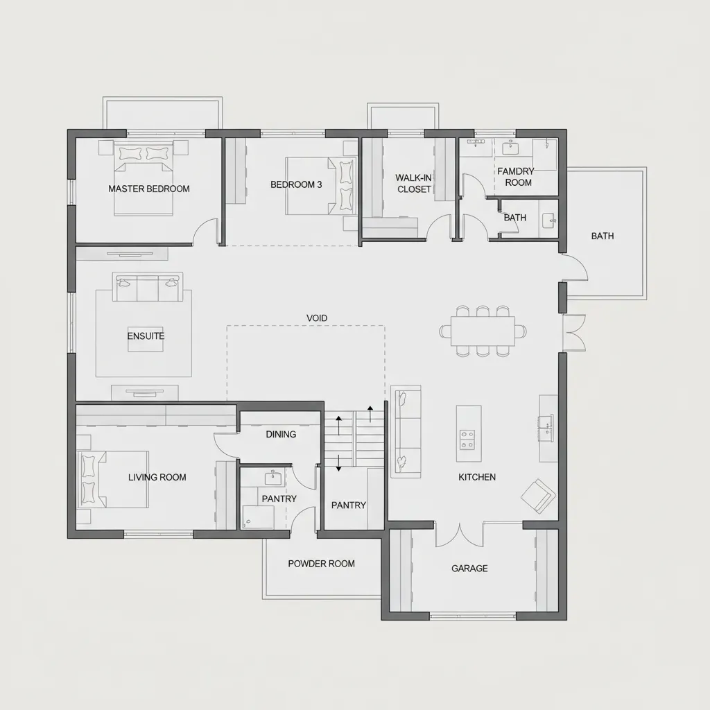 Detailed house floor plan drawing showing kitchen bedroom dining area stairs garage and closet space