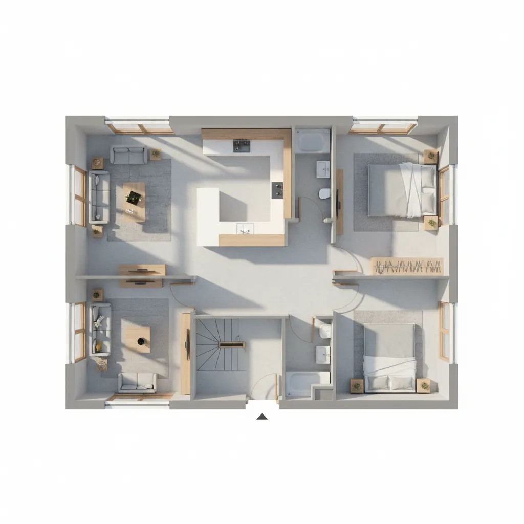 Duplex floor plan showing window placement for natural lighting optimization