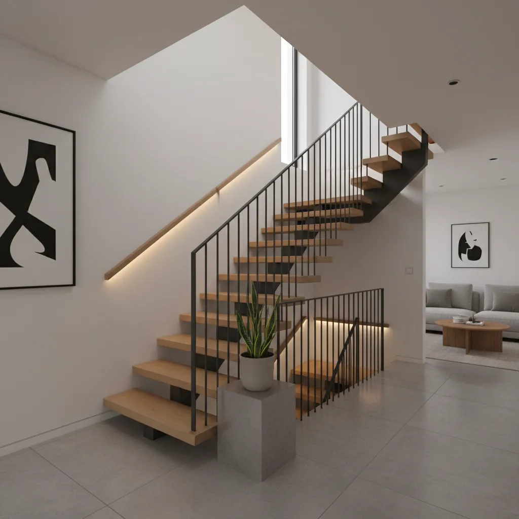 Compact L shaped staircase design inside small duplex house