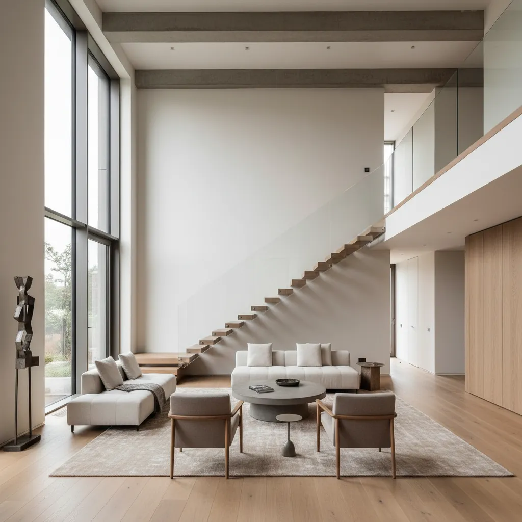 Modern duplex living room with white sofa grey chairs coffee table and floating wooden stairs