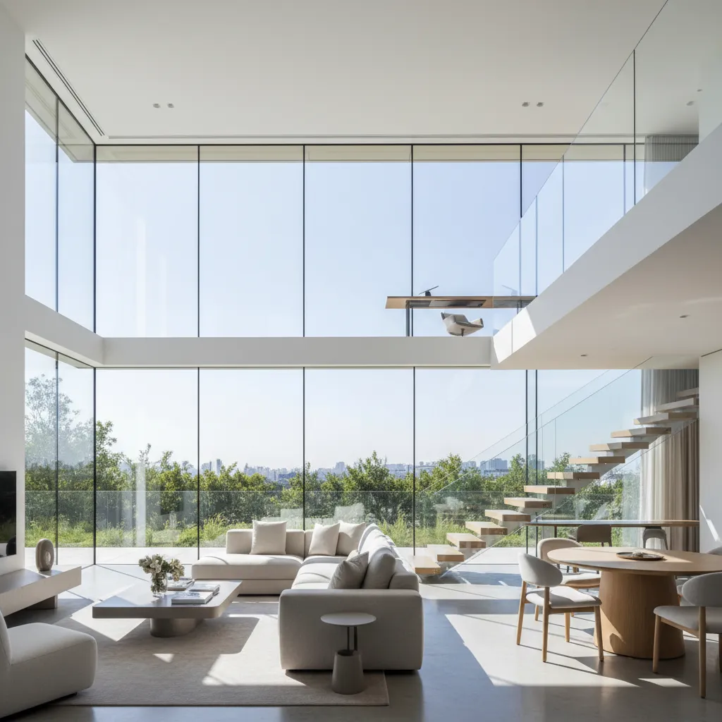 Interior luminoso de casa dúplex con ventanales grandes