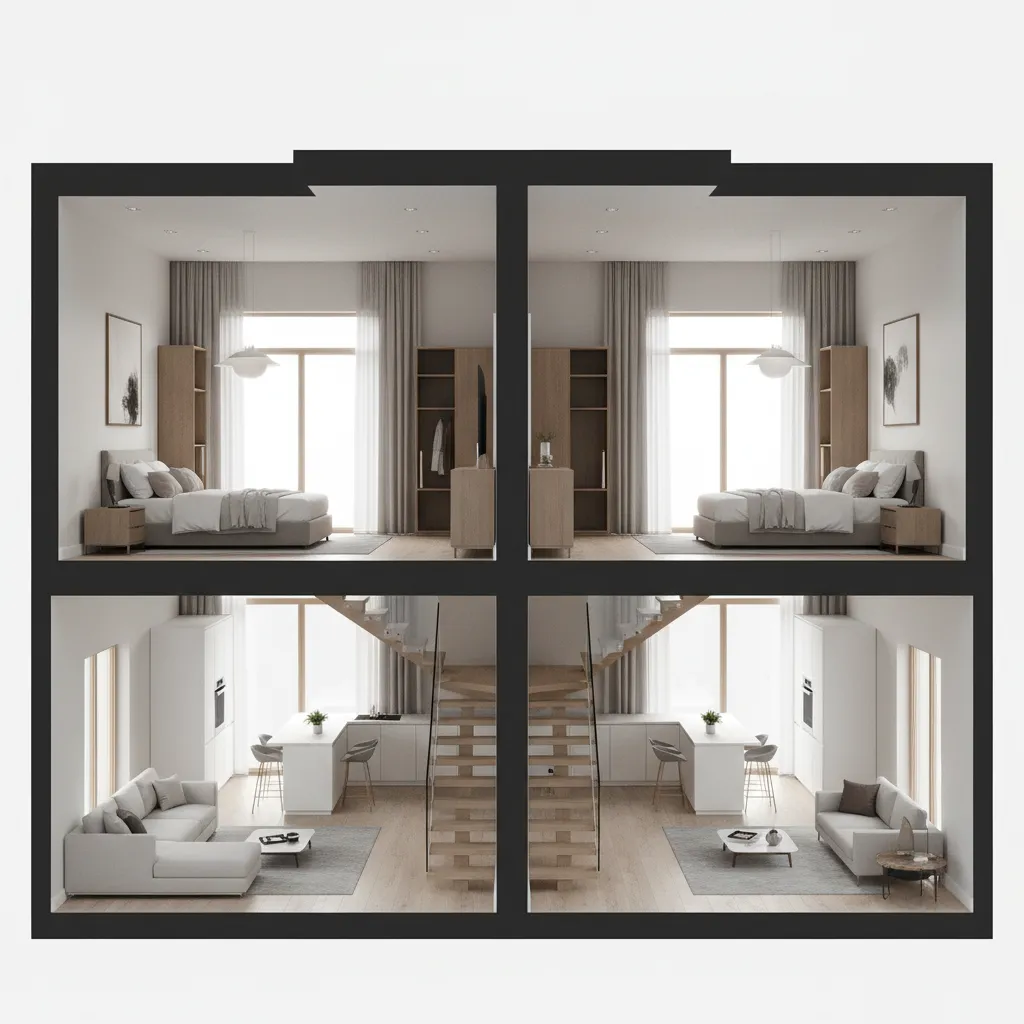 3D visualization of duplex interior layout showing circulation and room placement