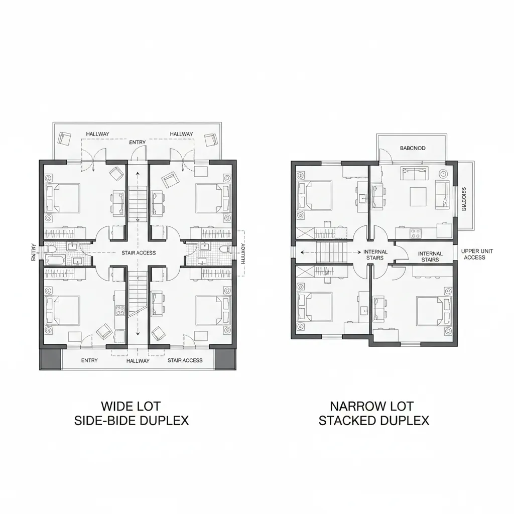 Comparison of side by side duplex layout and stacked duplex layout for narrow lots