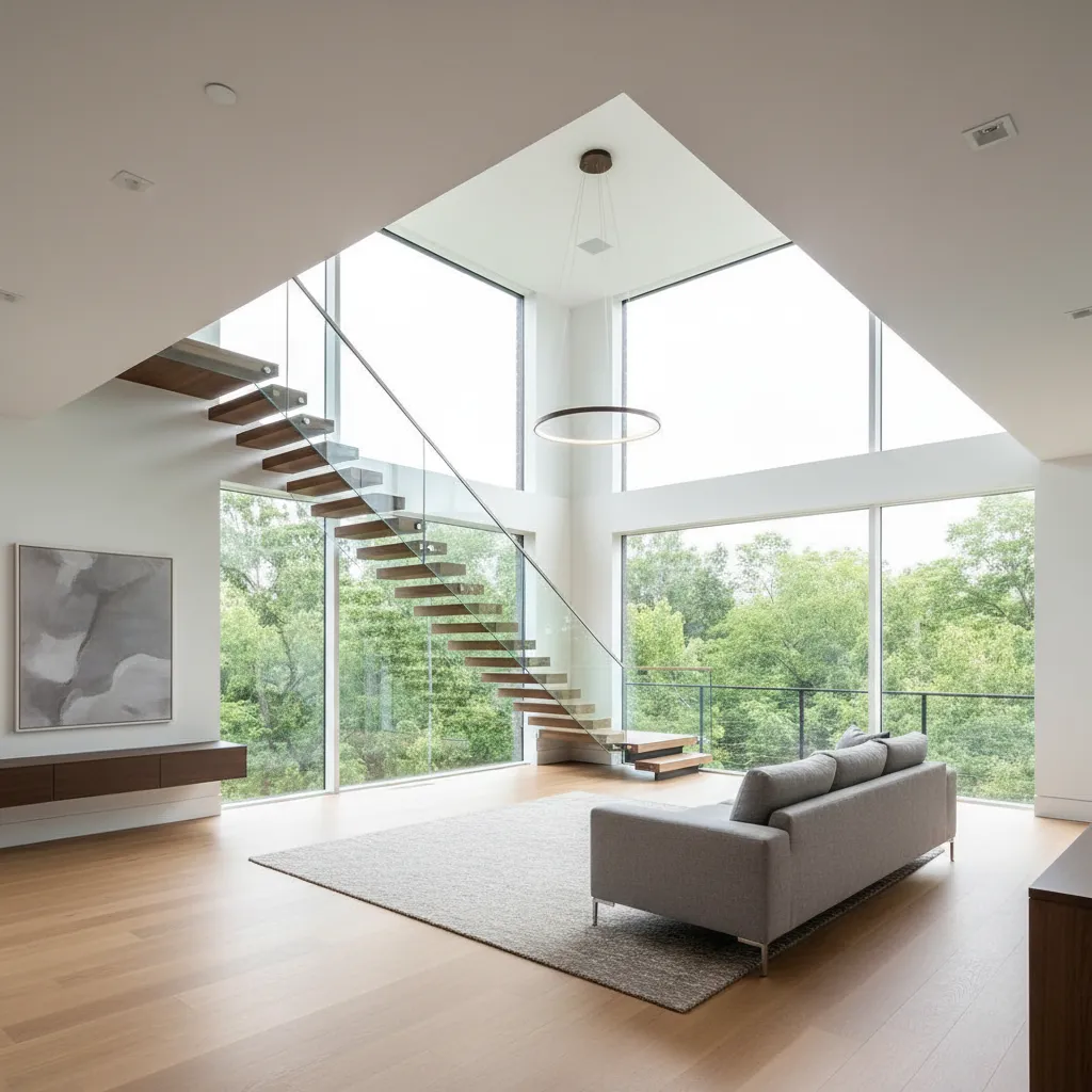 Modern high ceiling living room with wooden stairs glass railing grey sofa and large windows