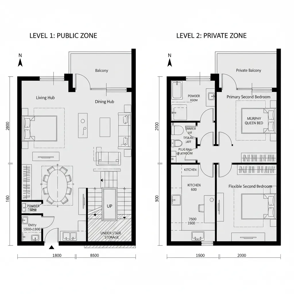 Top-down CAD floor plan showing duplex social level below and private level above with clear circulation