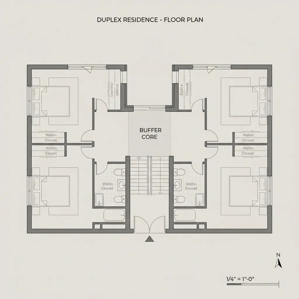 duplex floor plan showing stair buffer and separated bedrooms