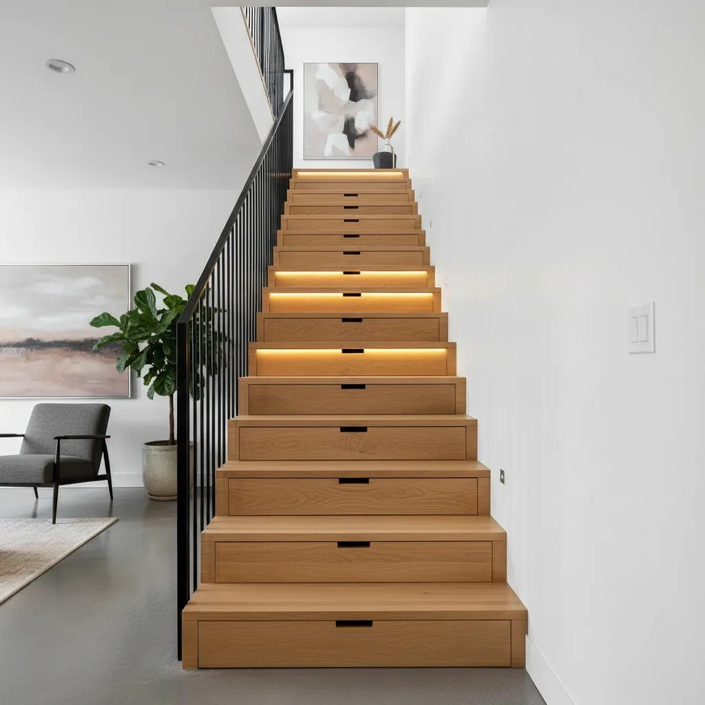 Escalera moderna en casa dúplex con almacenamiento debajo