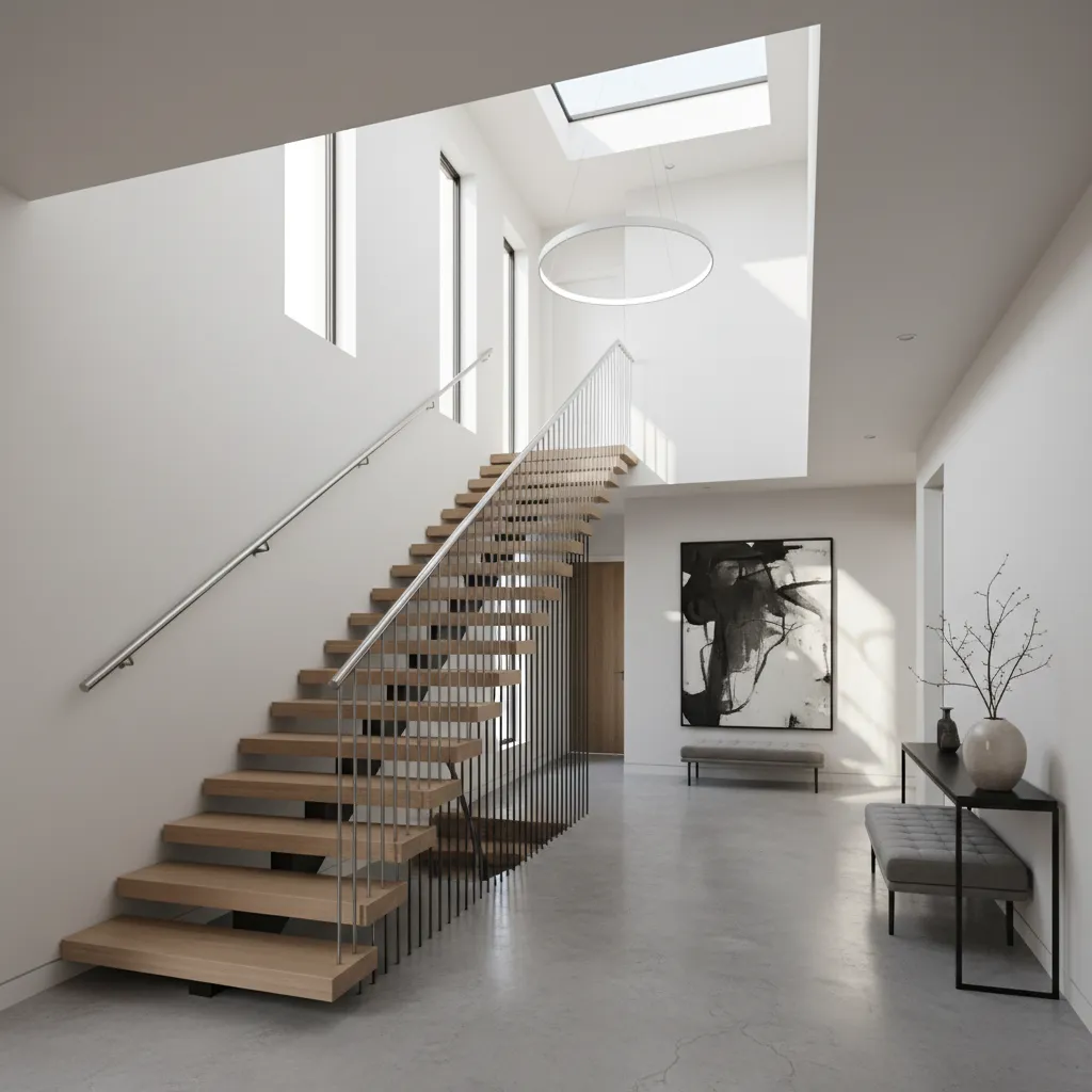 modern duplex interior showing efficient stair placement near entry hallway