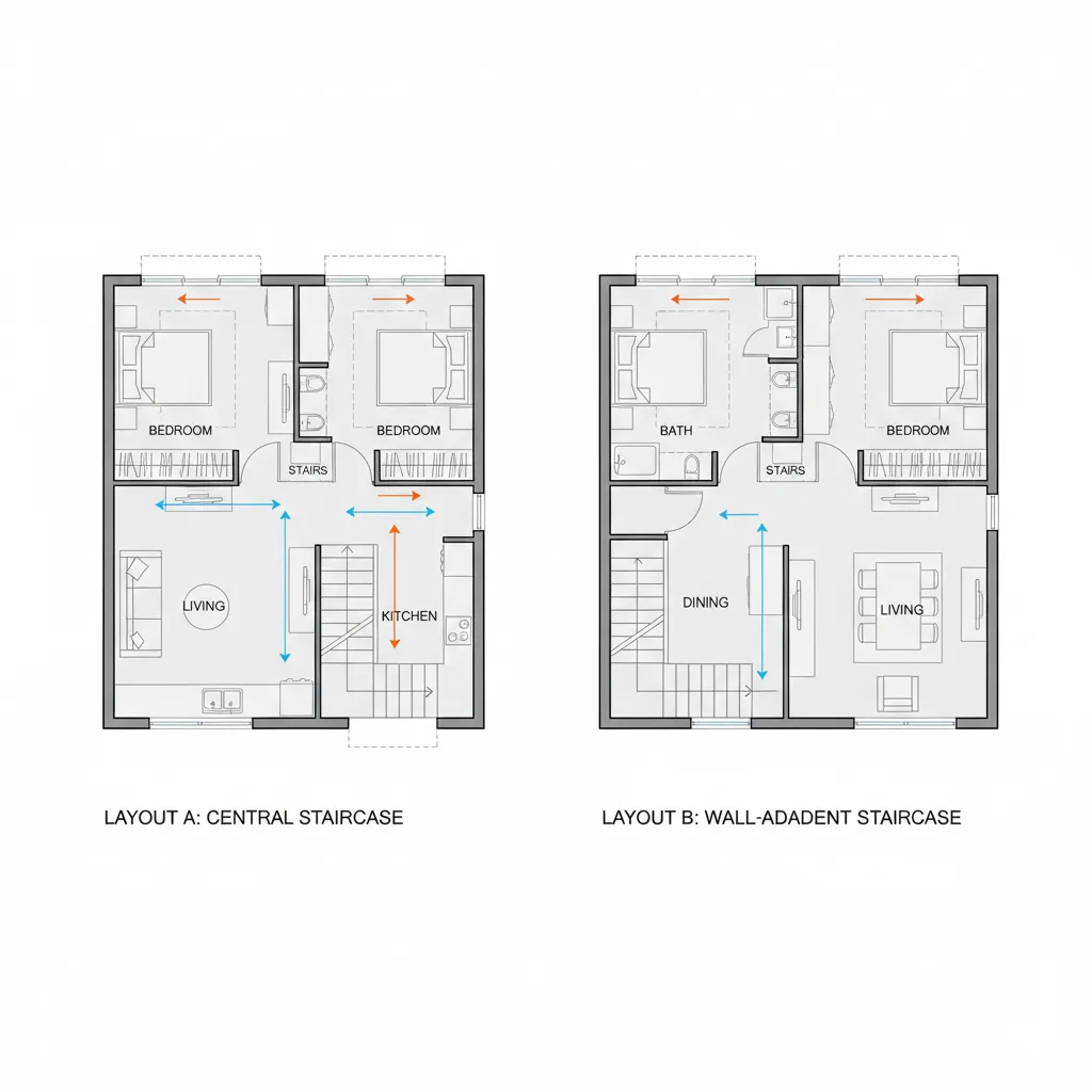 Diagram comparing poor and optimized staircase placement in a small duplex floor plan