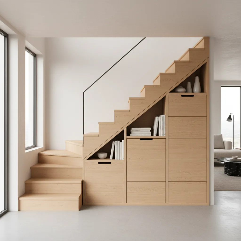 duplex staircase with integrated storage drawers and shelving