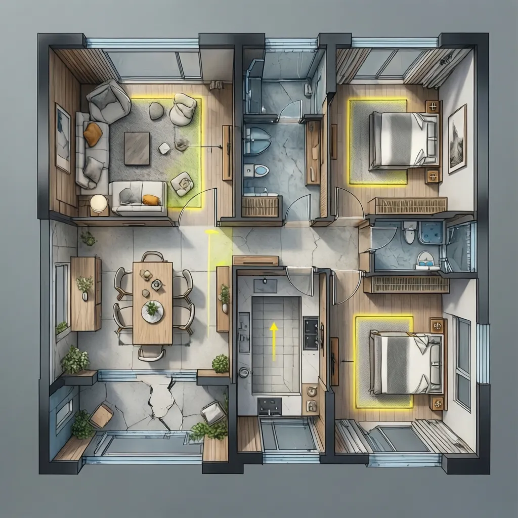 duplex floor layout diagram showing zoning for living and bedroom areas