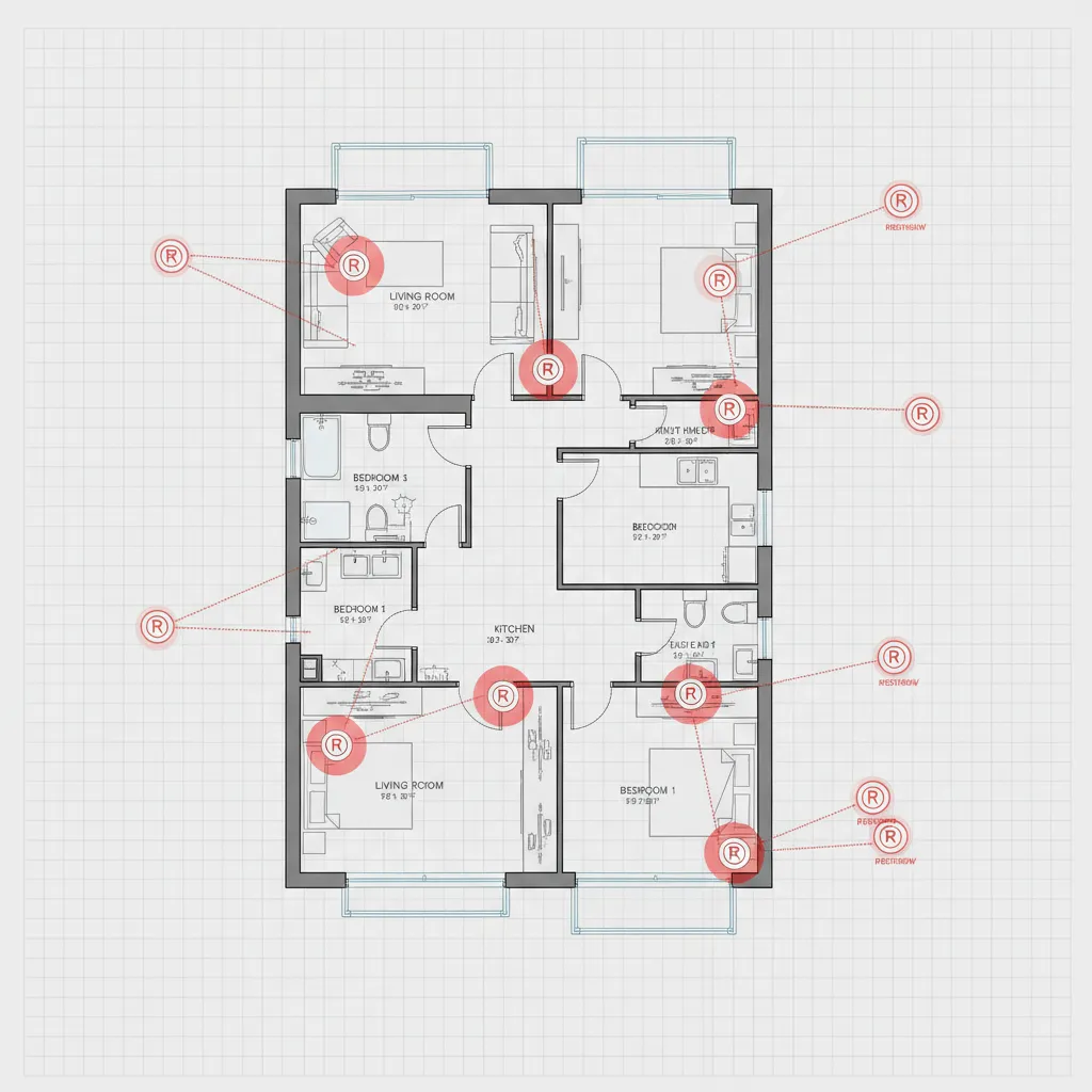 Electrical floor plan highlighting duplicate outlet symbols during review