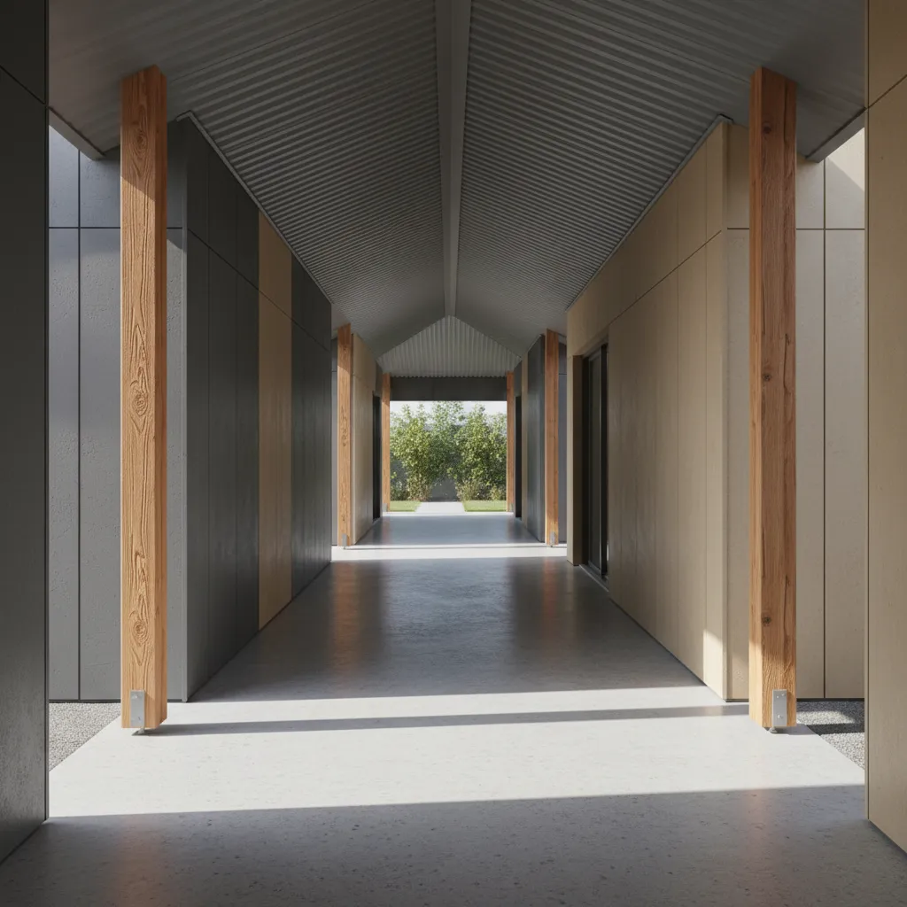 breezeway with fiber cement siding metal roof and wood posts