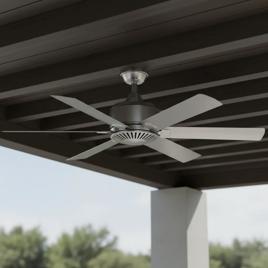 Close view of commercial outdoor ceiling fan with aluminum blades and weather resistant motor housing