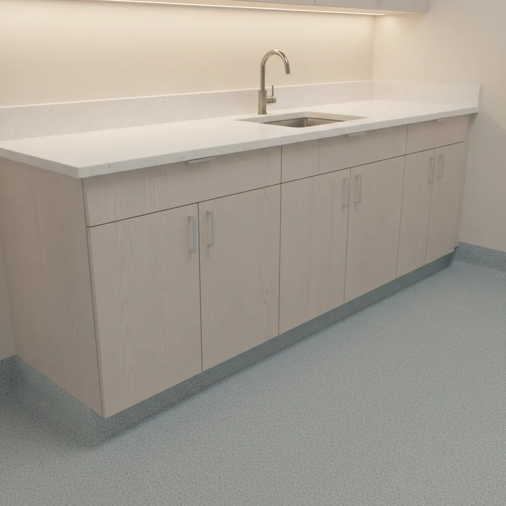Close view of dental clinic interior materials including vinyl flooring and laminate cabinetry