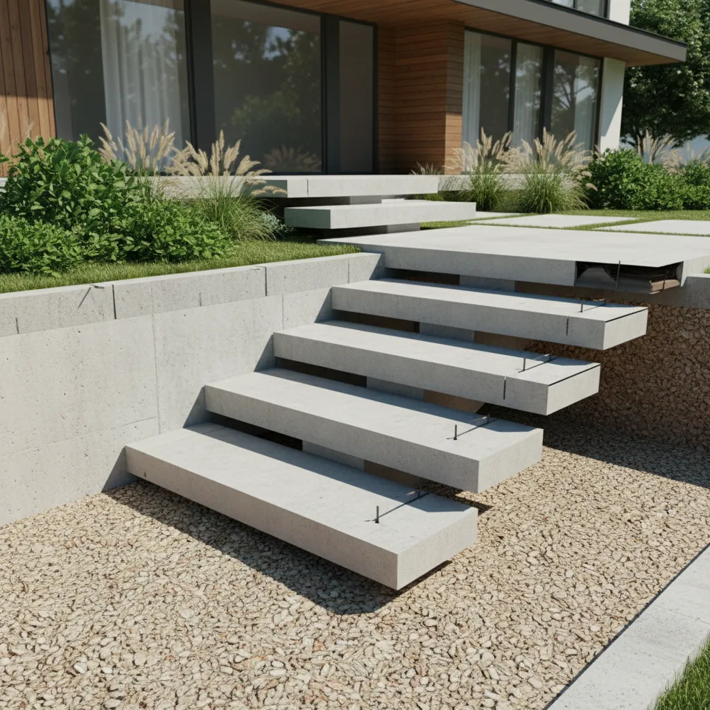 structurally supported exterior steps with solid foundation and landing