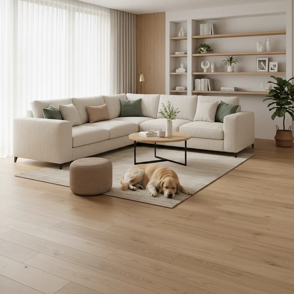 Durable vinyl plank flooring in a family living room with pets