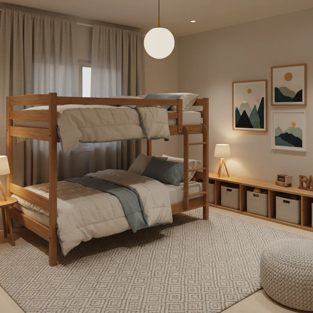 Kid friendly bedroom showing durable furniture and washable fabrics