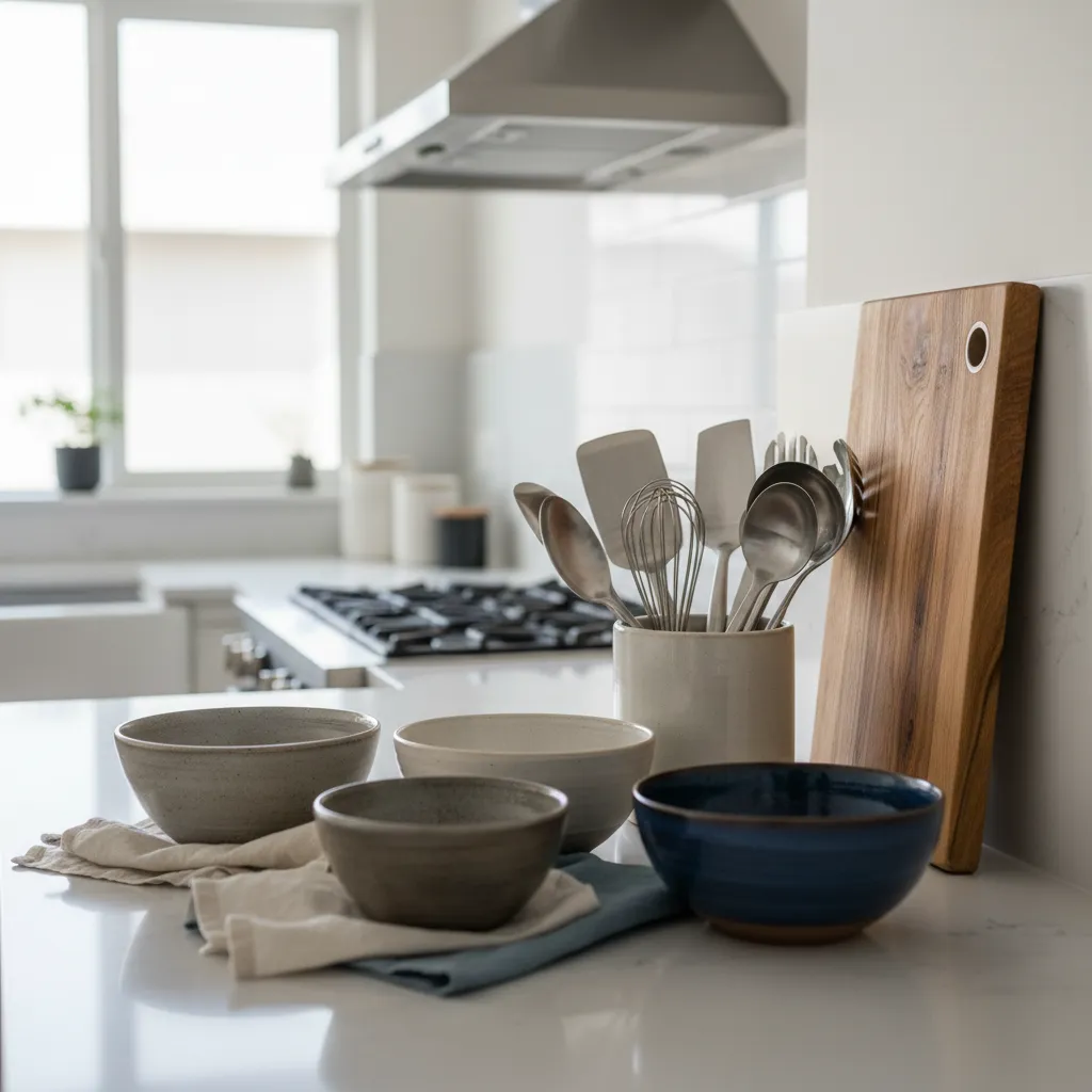 stoneware stainless steel and wood kitchen accessories on countertop