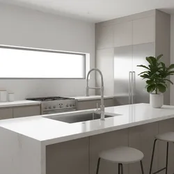 Modern kitchen interior design featuring white island with sink and tall faucet plus neutral cabinets