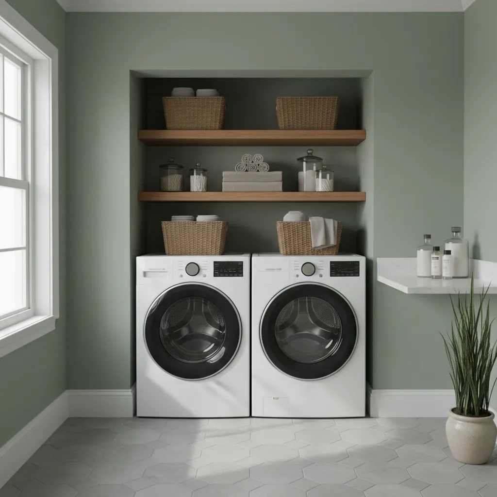 Laundry room walls painted in muted sage and greige tones
