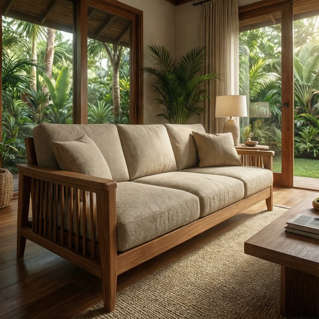 Wooden sofa with beige cushions on a rug in a sunlit room with tropical plants