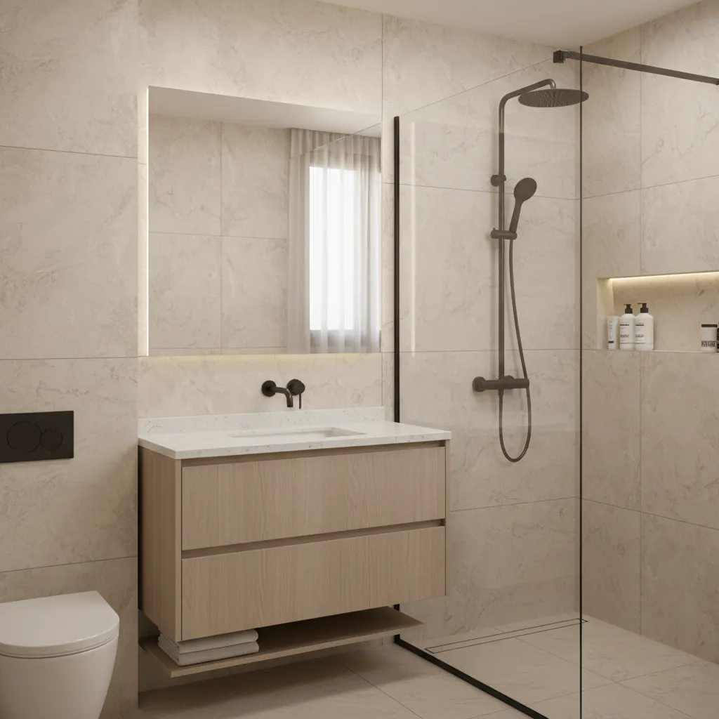 small bathroom with porcelain tile quartz vanity and frameless glass shower