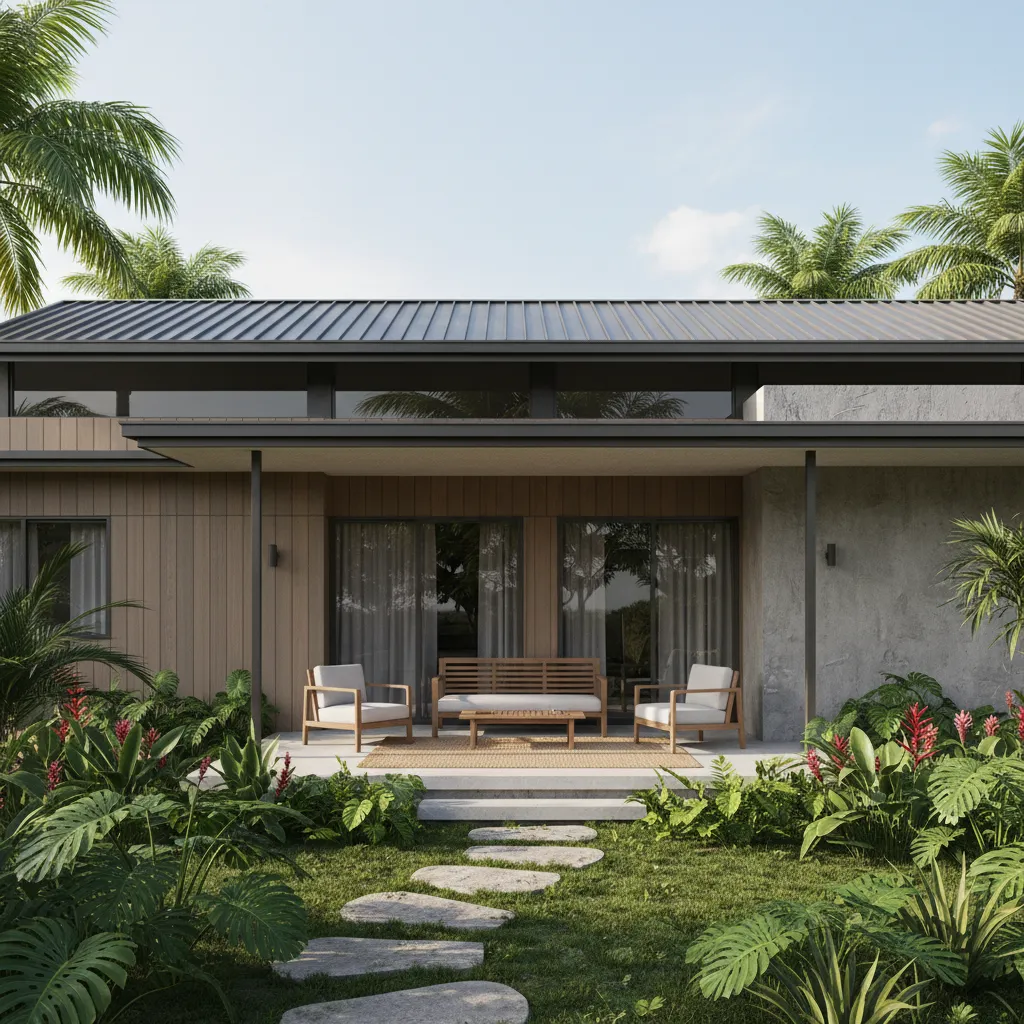 Tropical home exterior using fiber cement concrete and metal roofing