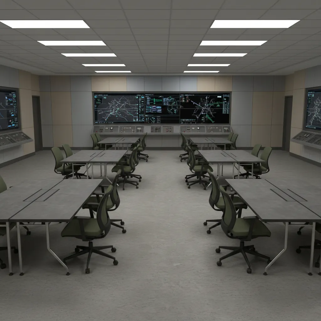 Durable military training room interior with modular tables and functional layout