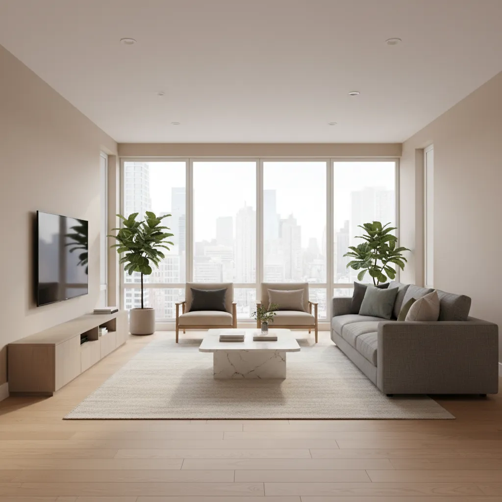 Modern living room with durable interior decoration materials like engineered wood and quartz surfaces