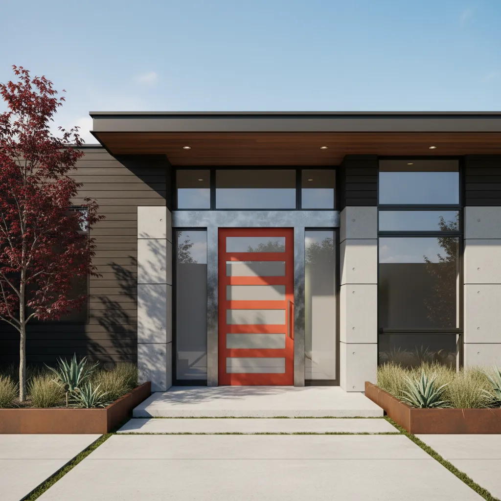 Modern house entrance with durable painted front door and trim