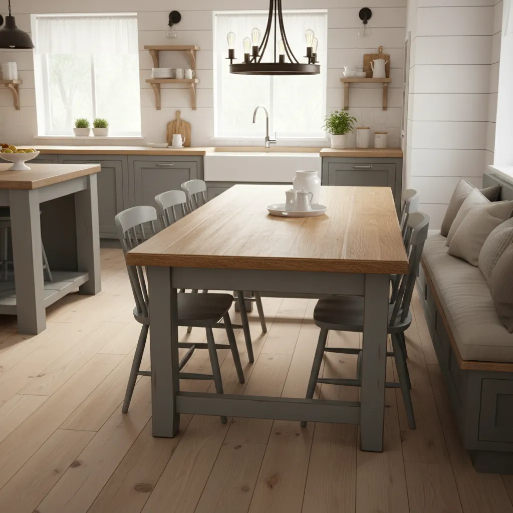Farmhouse style refinished kitchen table with durable satin finish