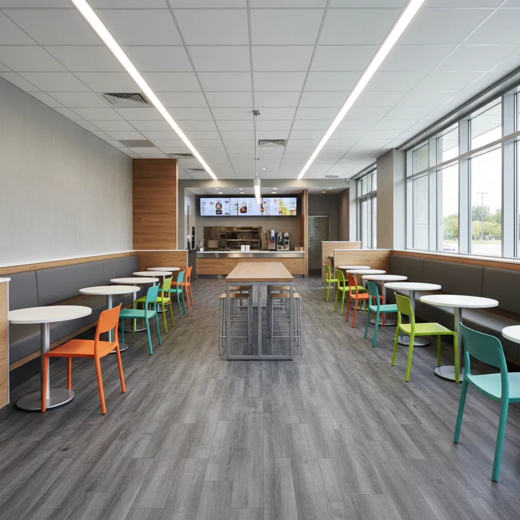 Suelo resistente de vinilo en restaurante comercial moderno