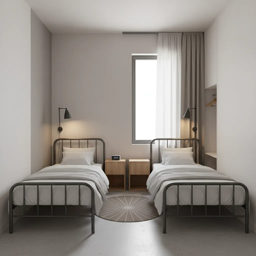 Durable twin bed setup in a modern hostel style room