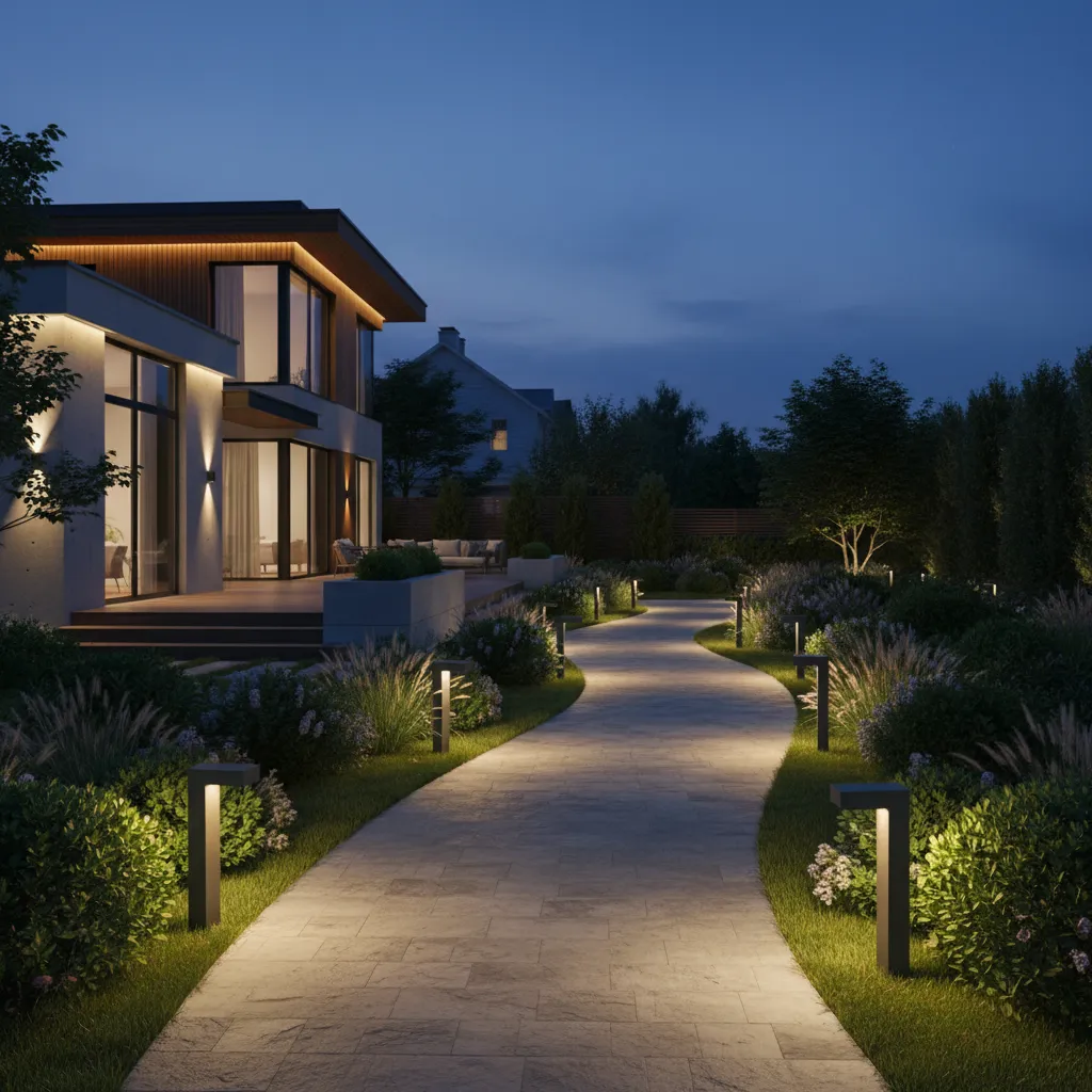 Pathway illuminated by dusk to dawn outdoor lighting along a residential garden walkway