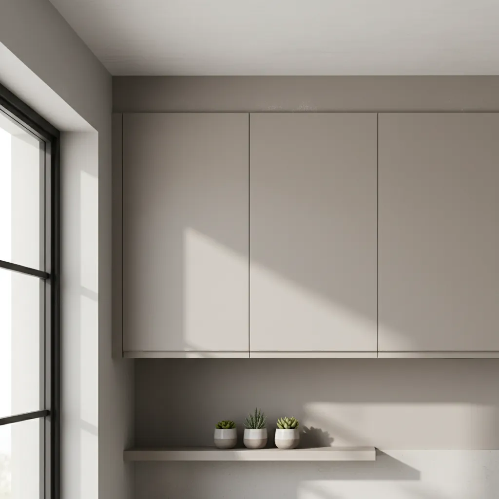 visible dust accumulation on top of kitchen cabinets near ceiling