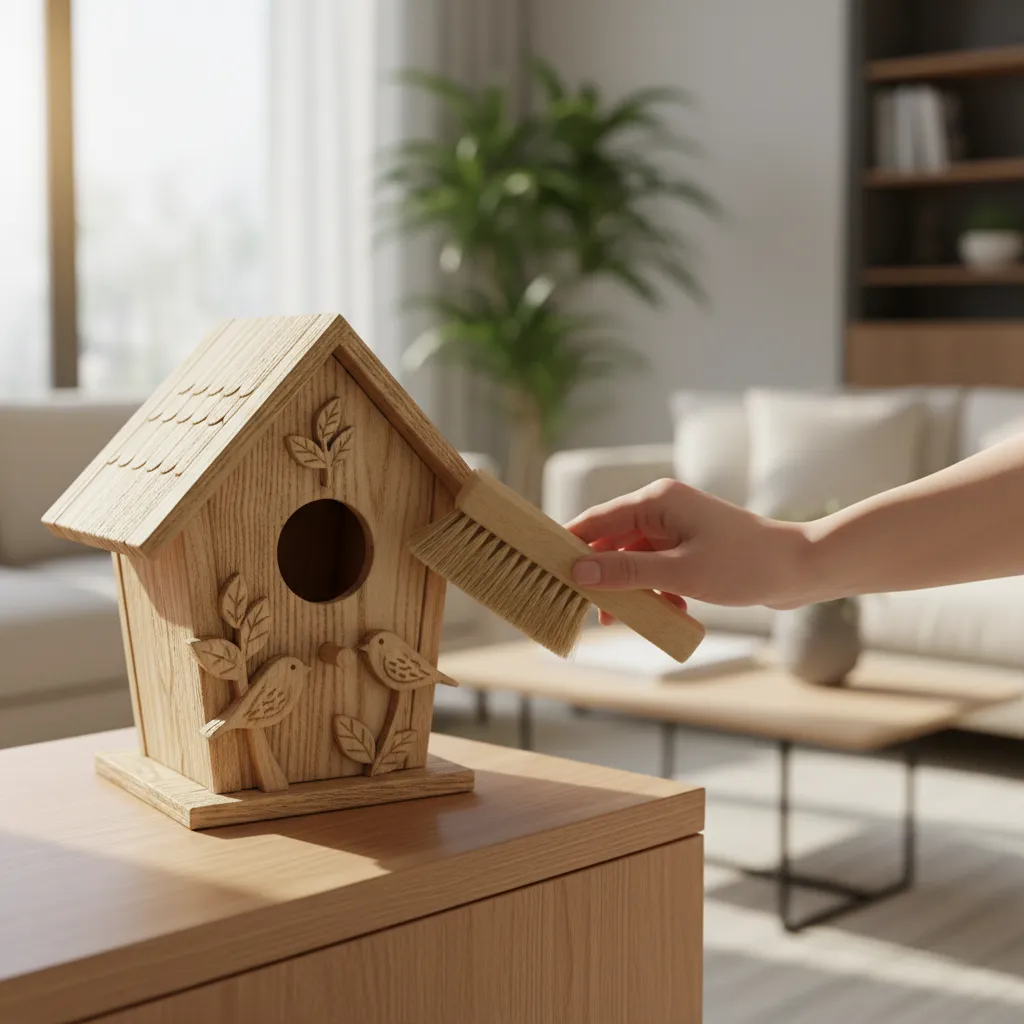 cleaning dust from a decorative bird house on a shelf with a soft brush